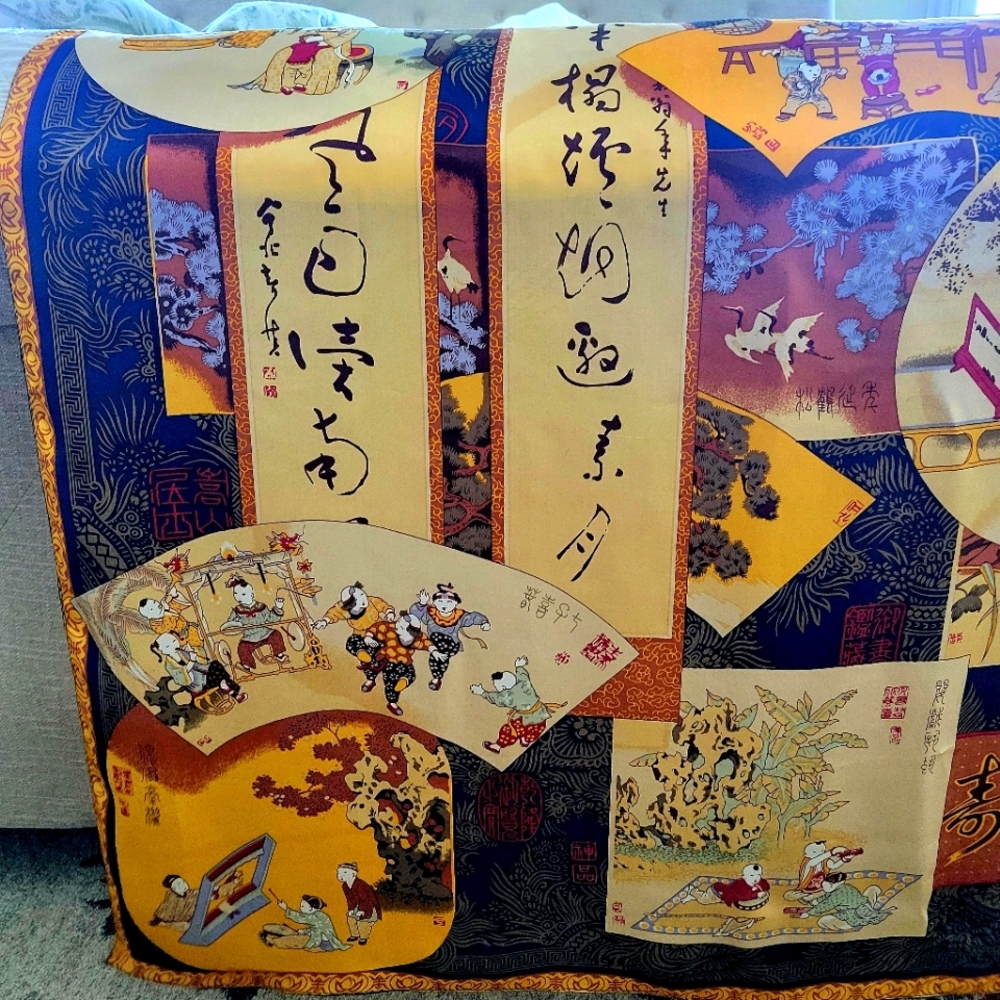 Large 38x39 Inch vintage Silk Scarf Wrap in Gold & Navy with Asian Motif